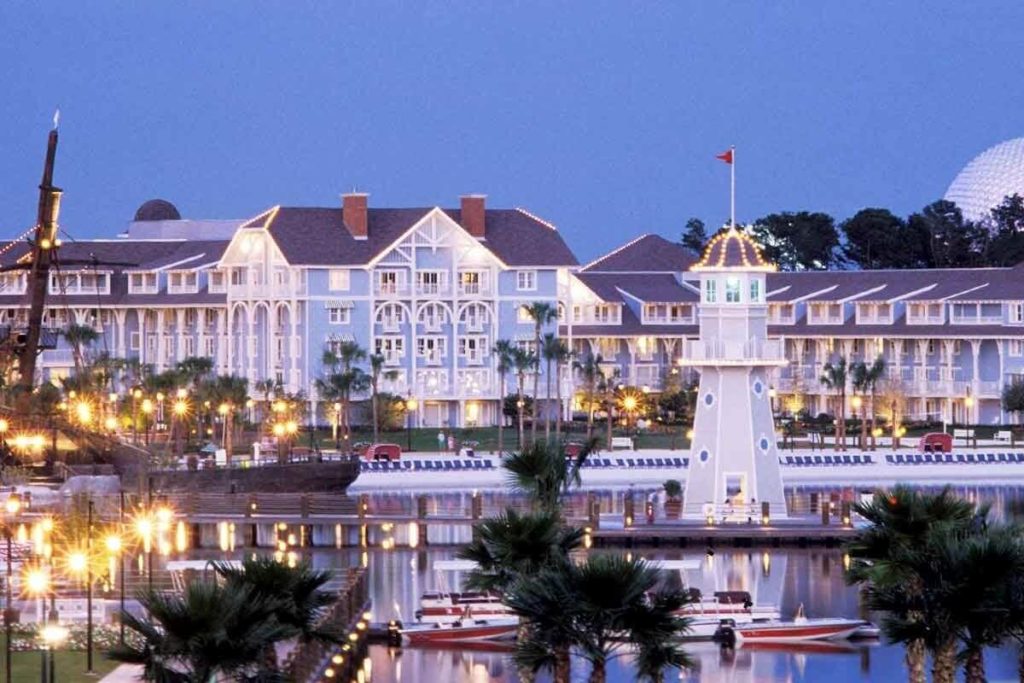 Photo of the Yacht & Beach Resorts at Disney World with Epcot in the background.