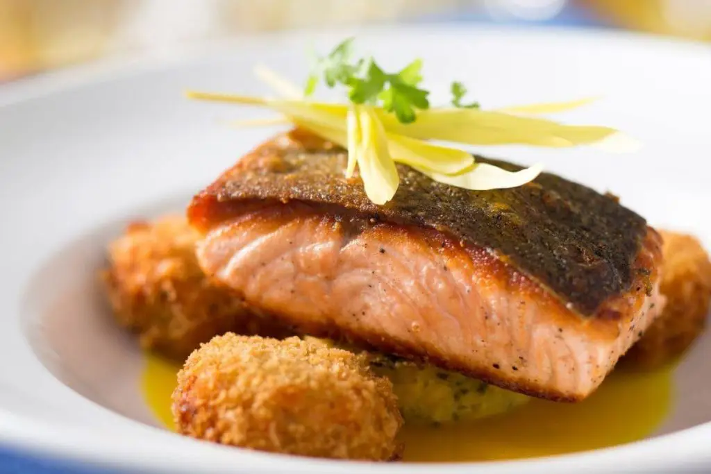 Closeup of a salmon dish from California Grill at Disney World's Contemporary Resort.