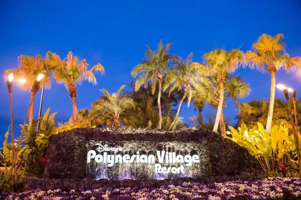 Closeup of the sign outside Disney's Polynesian Village Resort.