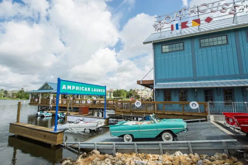 Landscape view of the Boathouse Restaurant at Disney Springs near the Amphicar launching dock.