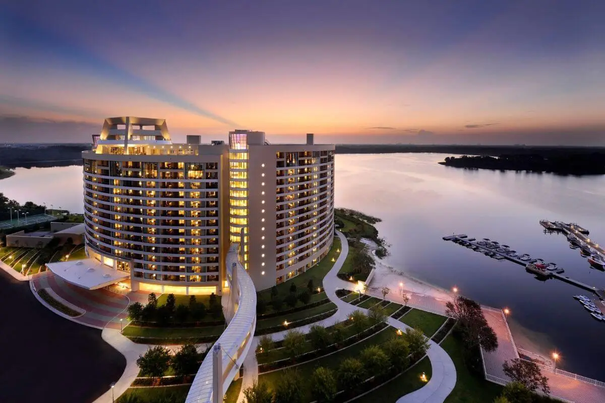 Photo of Bay Lake Tower at Disney World's Contemporary Resort at sunset.