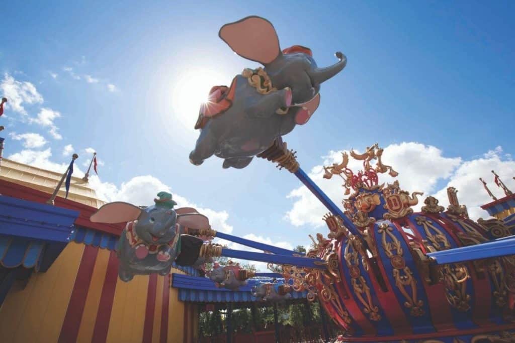 Closeup photo of the flying Dumbo kiddie ride at Disney World's Magic Kingdom.