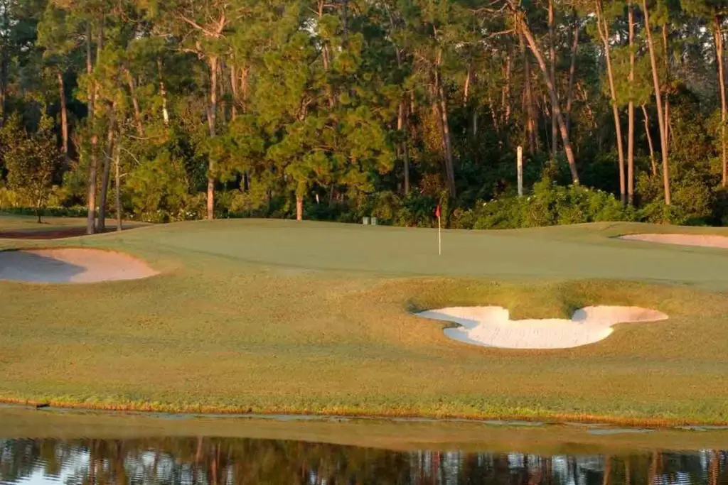 Photo of a golf course with a Mickey Mouse shaped sand pit.