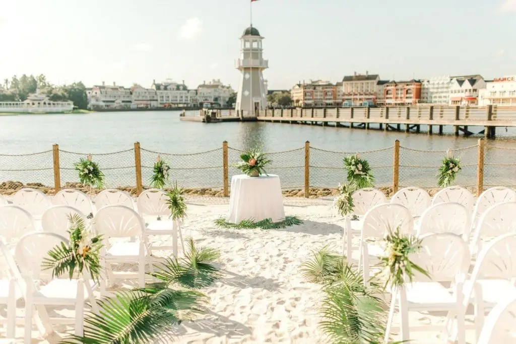 Photo of wedding seating set up at Crescent Cove at Disney World's Yacht & Beach Club Resort, overlooking the water.
