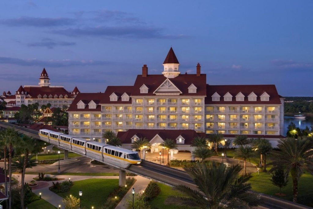 Landscape view of the Grand Floridian Resort at Disney World in the evening.