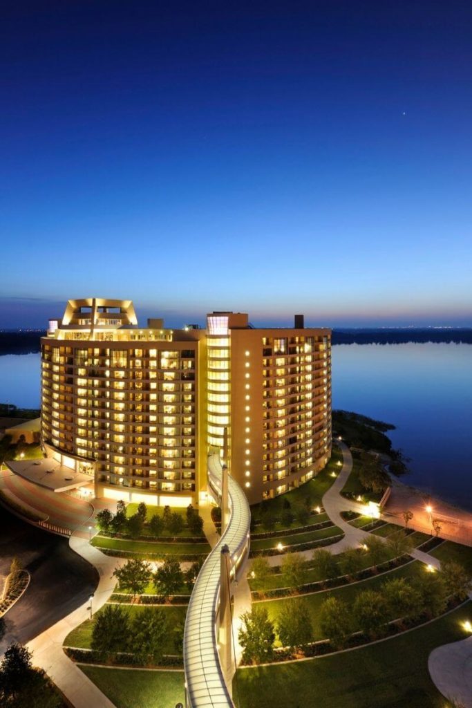 Photo of Bay Lake Tower at Disney World's Contemporary Resort at night.