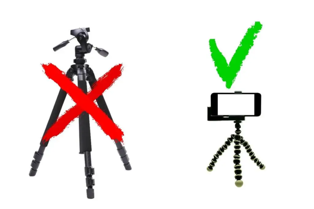 Graphic showing a traditional camera tripod with an X over it and a compact GorillaPod mini tripod with a check mark above it.