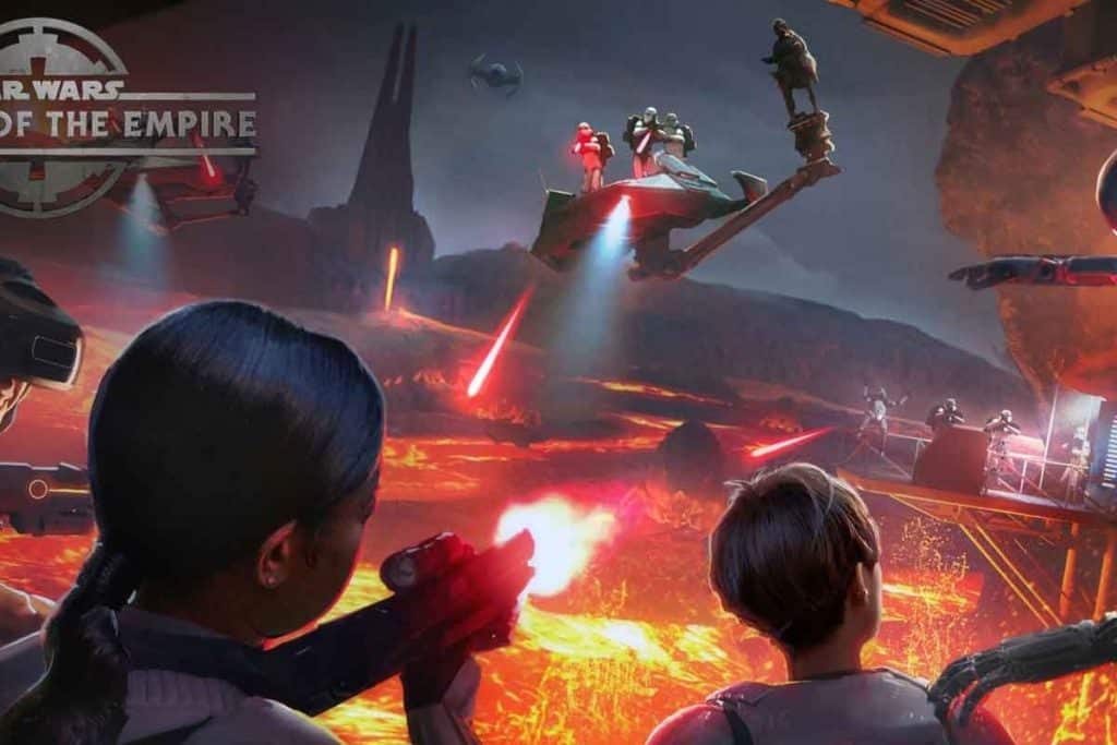 Simulated photo of people playing a virtual reality game at the VOID at Disney Springs.