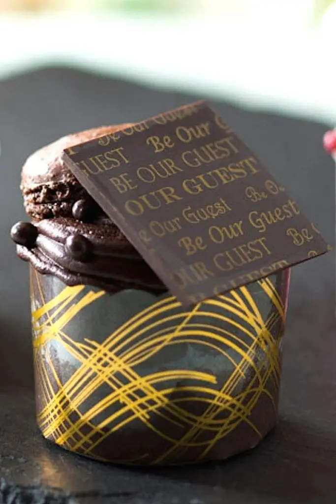 Closeup of the triple chocolate cupcake from Be Our Guest at Disney World's Magic Kingdom.