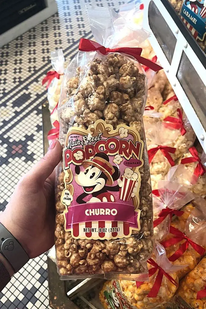 Closeup of a person holding a bag of churro flavored popcorn from Main Street Bakery.