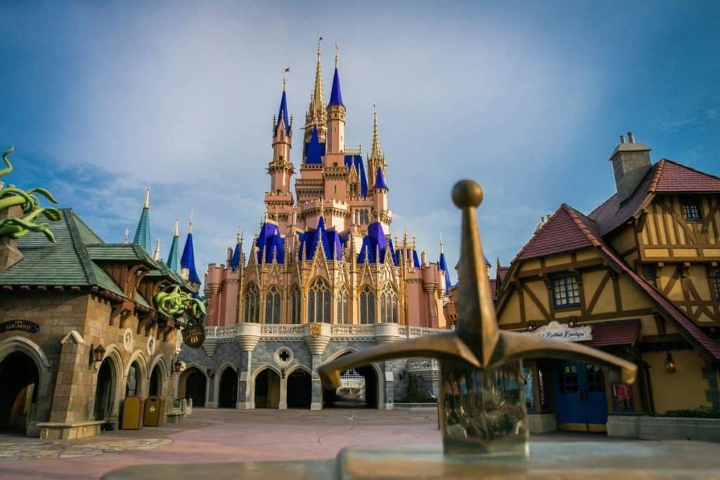 Photo of Cinderella's Castle at Disney World from the back.