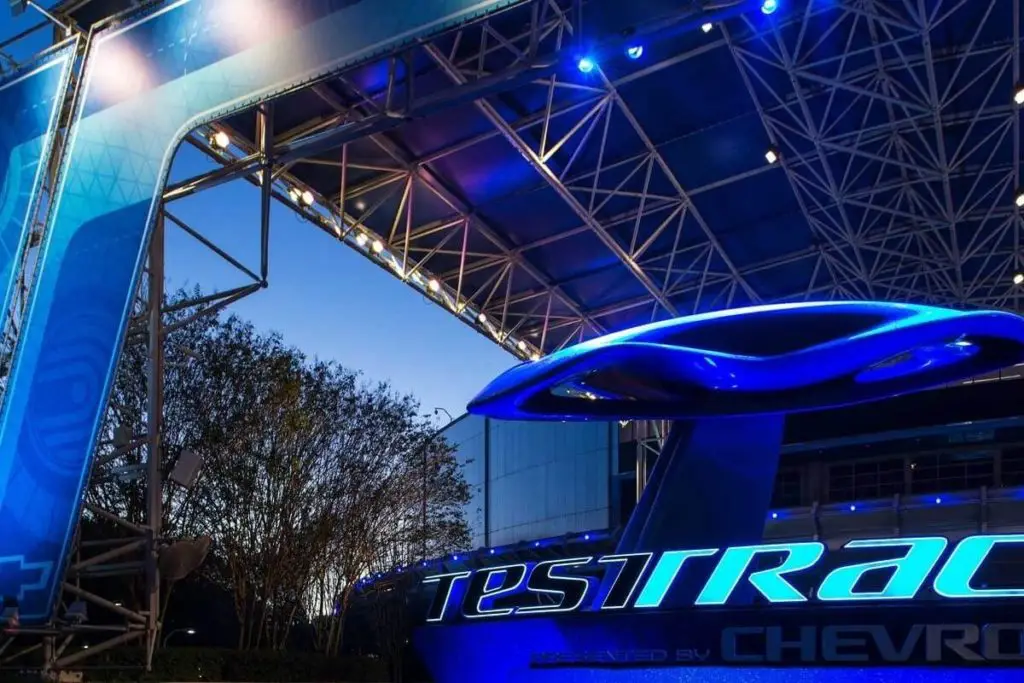 Closeup to the entrance for the Test Track ride at Epcot.