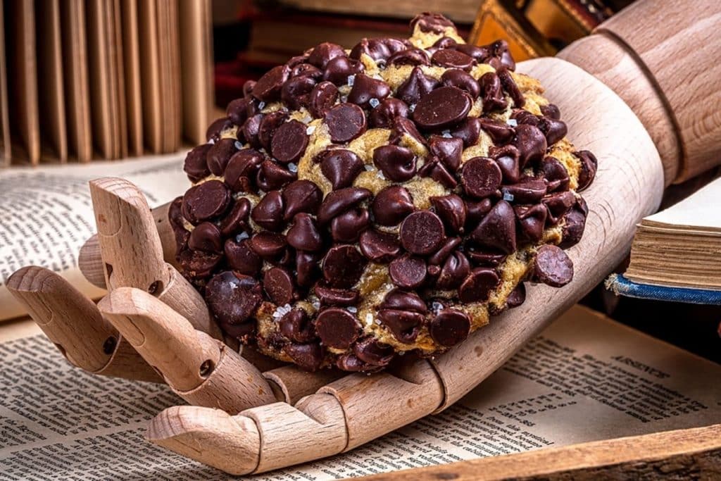 Closeup of a giant chocolate chip cookie, one of the most popular snacks at Disney World, from Gideon's Bakehouse.