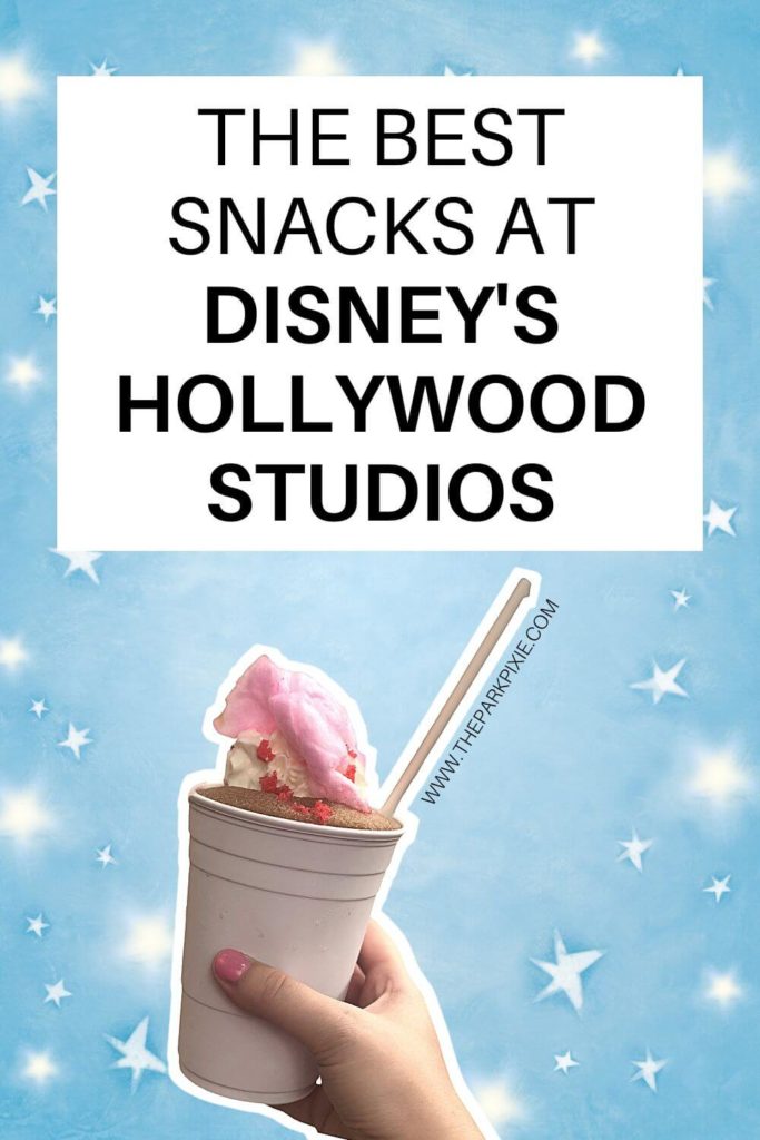 Closeup of a frozen coke slushy in front of a blue background with white stars. Text at the top reads "The Best Snacks at Hollywood Studios" with a Mickey Mouse hat at the top.