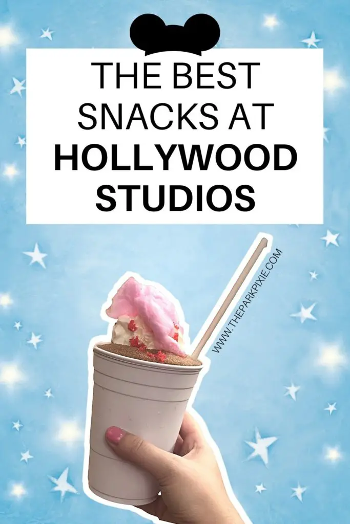 Closeup of a frozen coke slushy in front of a blue background with white stars. Text at the top reads "The Best Snacks at Hollywood Studios" with a Mickey Mouse hat at the top.
