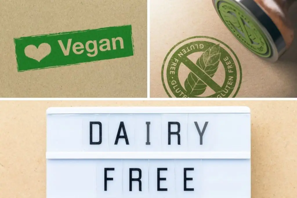 Photo collage, from top L-R clockwise: green stamp on tan surface that says "vegan," green stamp on tan surface that says gluten free with a strike through a wheat, and a closeup of a lightbox with letters that spell out "dairy free."