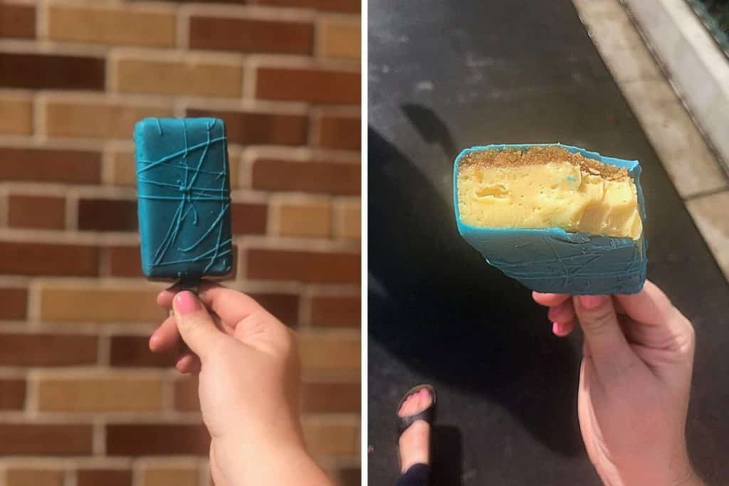 Photo collage with 2 vertical photos: Closeup of a blue colored white chocolate pop and closeup of a bite taken out of the same pop to show key lime pie filling and a graham cracker crust.