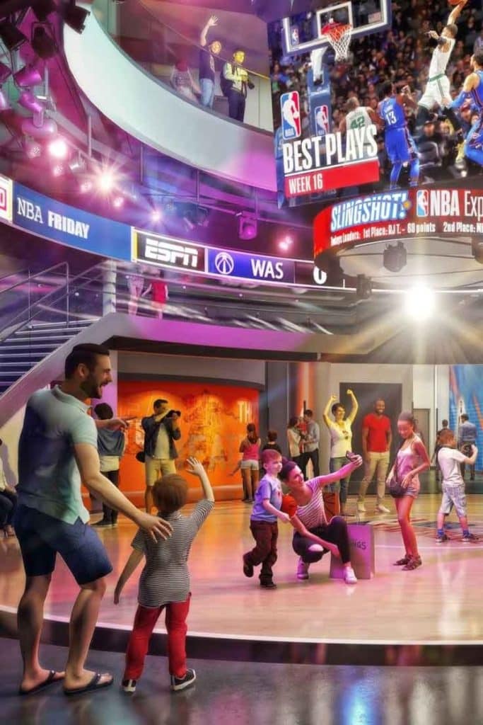 Simulated photo of people at the NBA Experience at Disney Springs at Disney World.