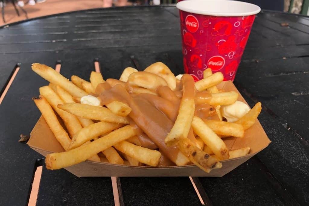 Closeup of classic poutine from the Canada pavilion at Disney World's Epcot.