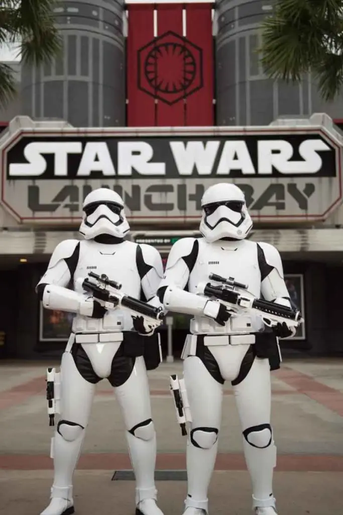 Photo of 2 Star Wars Stormtroopers standing outside Star Wars Launch Bay at Disney World's Hollywood Studios.