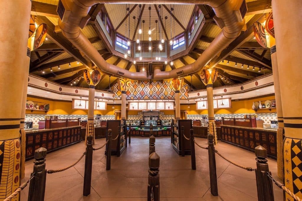 Landscape photo of the inside of Creature Comforts Coffee Shop at Disney World's Animal Kingdom.