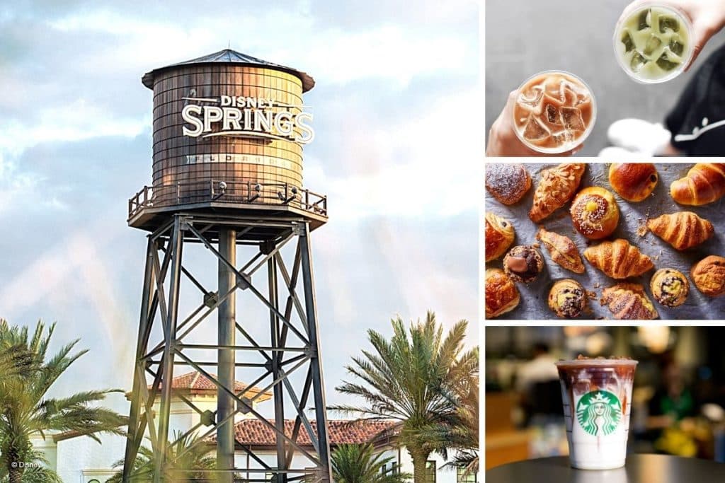 Photo collage with a closeup of the Disney Springs water tower on the left and 3 horizontal photos vertically stacked on the right: top-down photo of iced drinks, top-down photo of pastries, and closeup of an iced caramel macchiato from Starbucks.