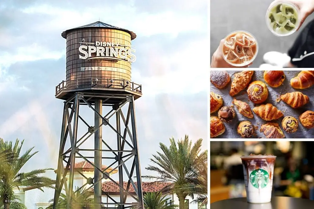 Photo collage with a closeup of the Disney Springs water tower on the left and 3 horizontal photos vertically stacked on the right: top-down photo of iced drinks, top-down photo of pastries, and closeup of an iced caramel macchiato from Starbucks.