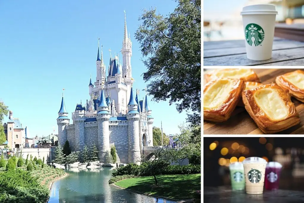 Photo collage with a photo of the side of Cinderella's Castle at Magic Kingdom. On the right, vertically stacked are 3 horizontal photos: a closeup of a hot Starbucks cup, closeup of a cheese danish, and closeup of an assortment of iced Starbucks drinks.
