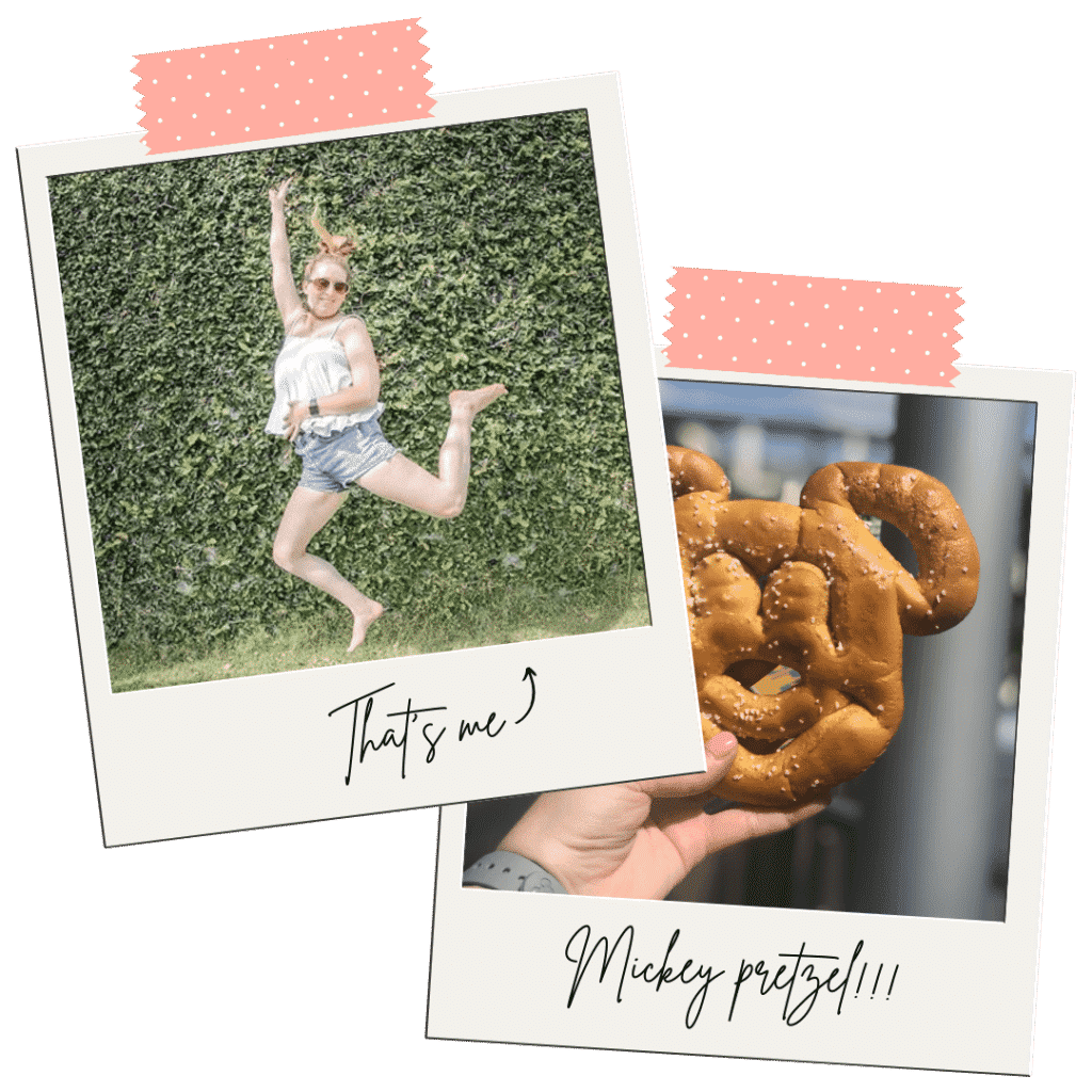 Collage of 2 Polaroid style photos. At left is a photo of Meg Frost jumping in front of a topiary wall. At right is a woman's hand holding a Mickey Mouse shaped pretzel.