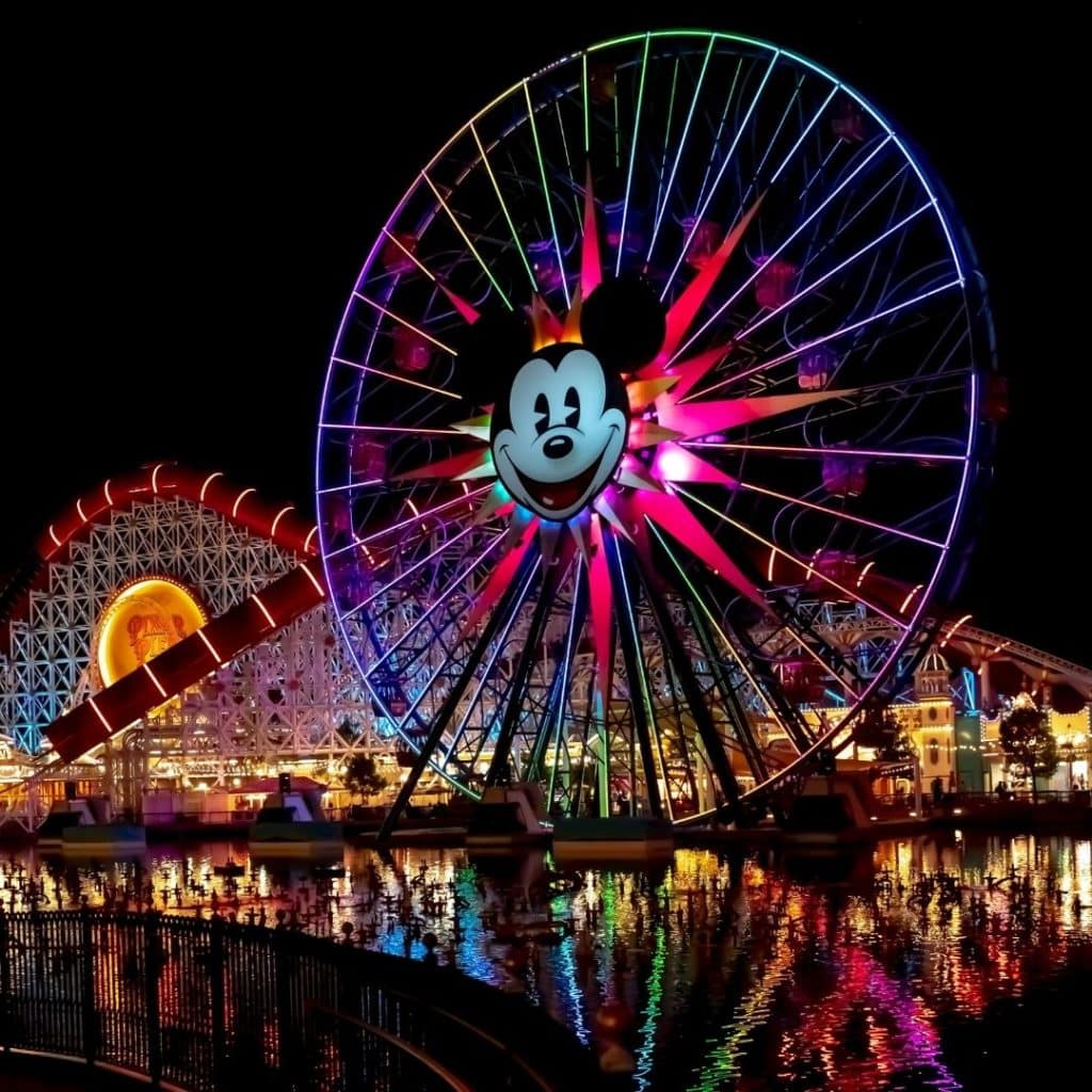 Photo of Pixar Pier at Disney California Adventure Park light up at night.