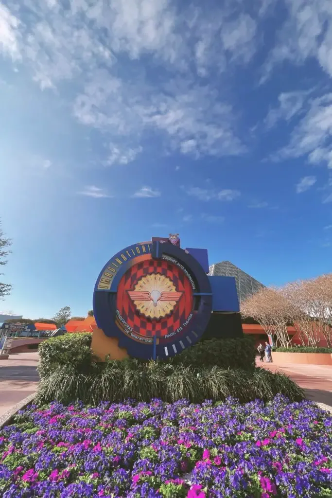 Photo of the attraction signage for Journey into Imagination ride at Disney World's Epcot theme park.