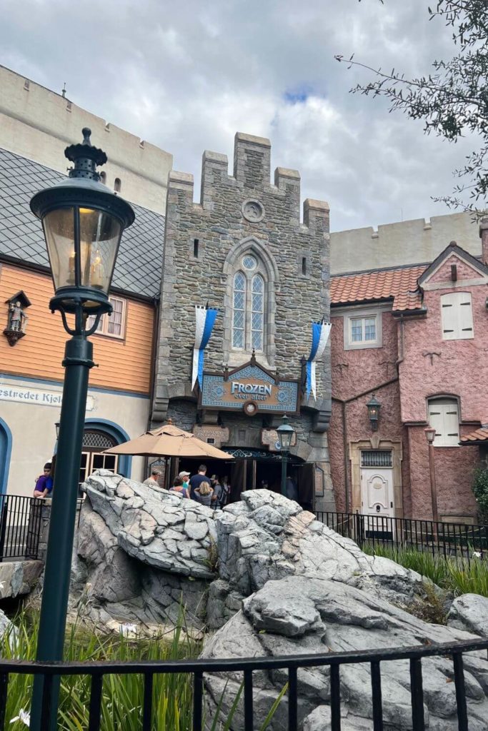 Photo of the exterior of the Frozen Ever After ride in Epcot's Norway pavilion.