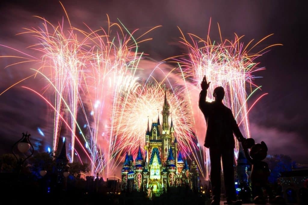 Photo of fireworks exploding behind Cinderella's Castle at Disney World's Magic Kingdom with the silhouette of Walt Disney and Mickey Mouse in the foreground.