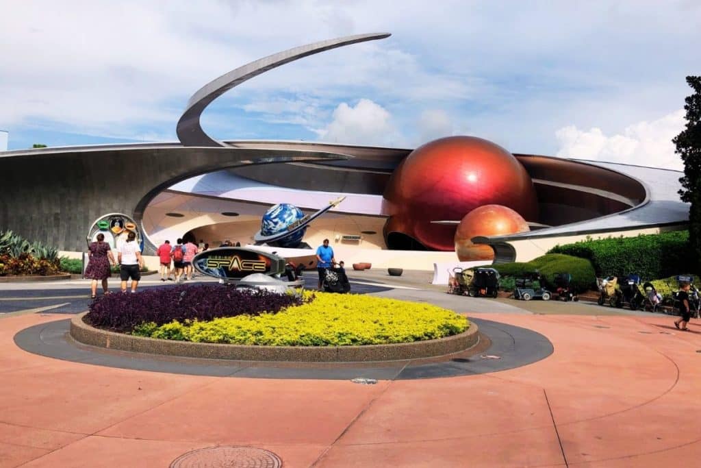 Landscape shot of the outside of the Mission: SPACE ride at Epcot.