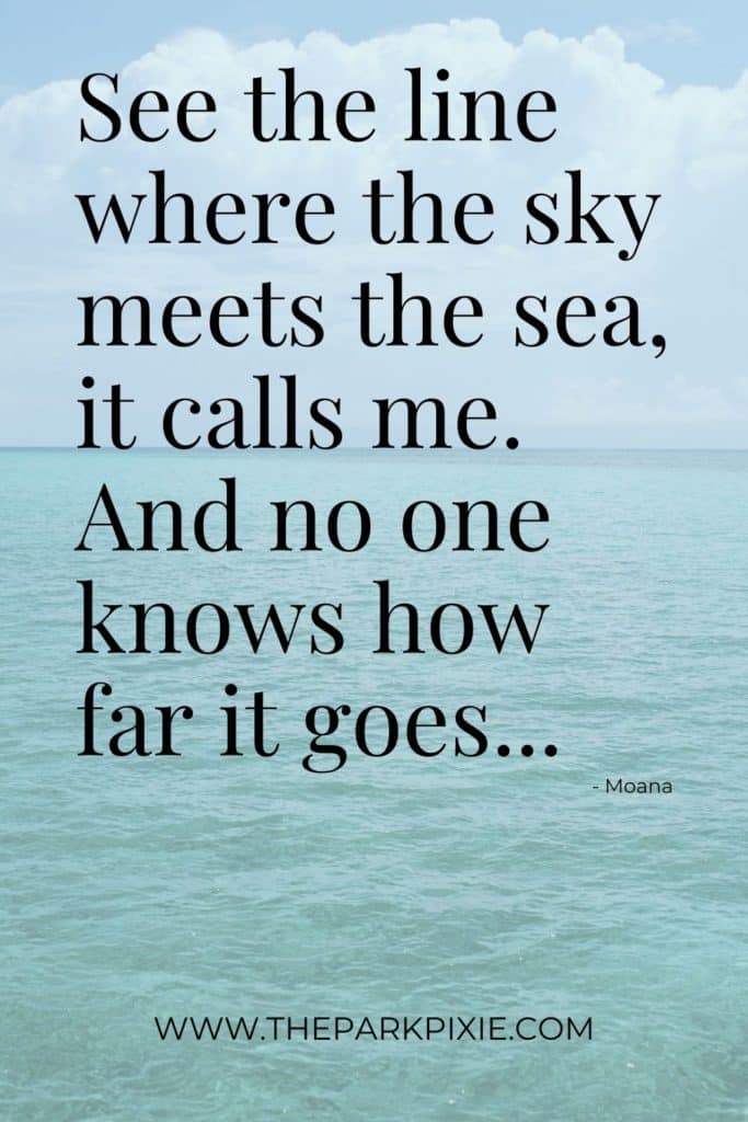 Photo of the ocean with blue skies. Text on top reads: See the line where the sky meets the sea, it calls me. And no one knows how far it goes...