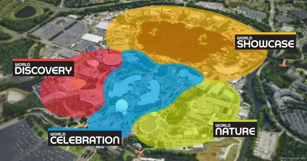 Illustration of the Epcot theme park map with highlighting showing where the new Epcot Worlds will be and their names: World Showcase, World Nature, World Celebration, and World Discovery.
