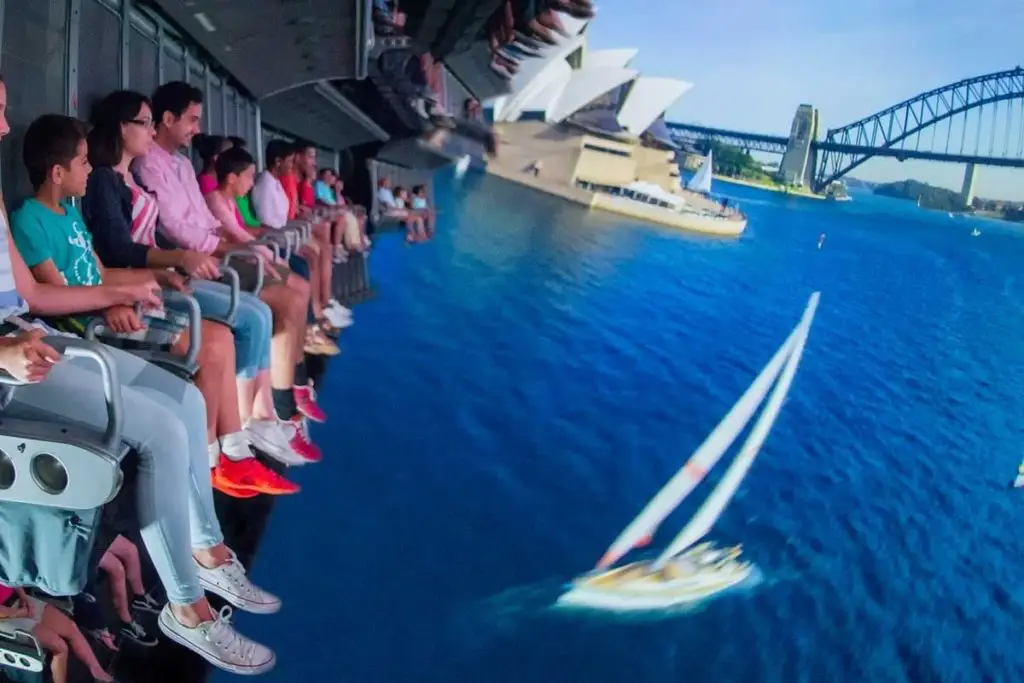 Closeup of guests riding Soarin Around the World at Epcot.