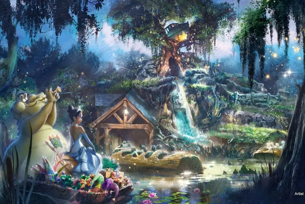 Artist Rendering of the Splash Mountain makeover featuring characters from Princess & the Frog, such as Princess Tiana.
