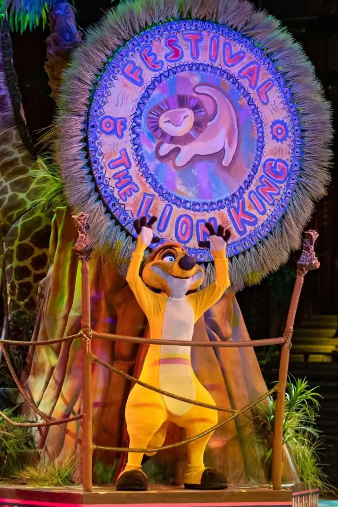Photo of Timon during the Festival of the Lion King show at Animal Kingdom.