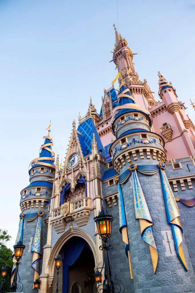 Closeup of the revamped Cinderella's Castle at Disney World's Magic Kingdom.