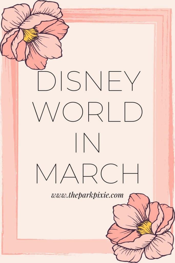 Graphic with a pink frame with pink flowers in 2 corners. Text in the middle reads "Disney World in March."