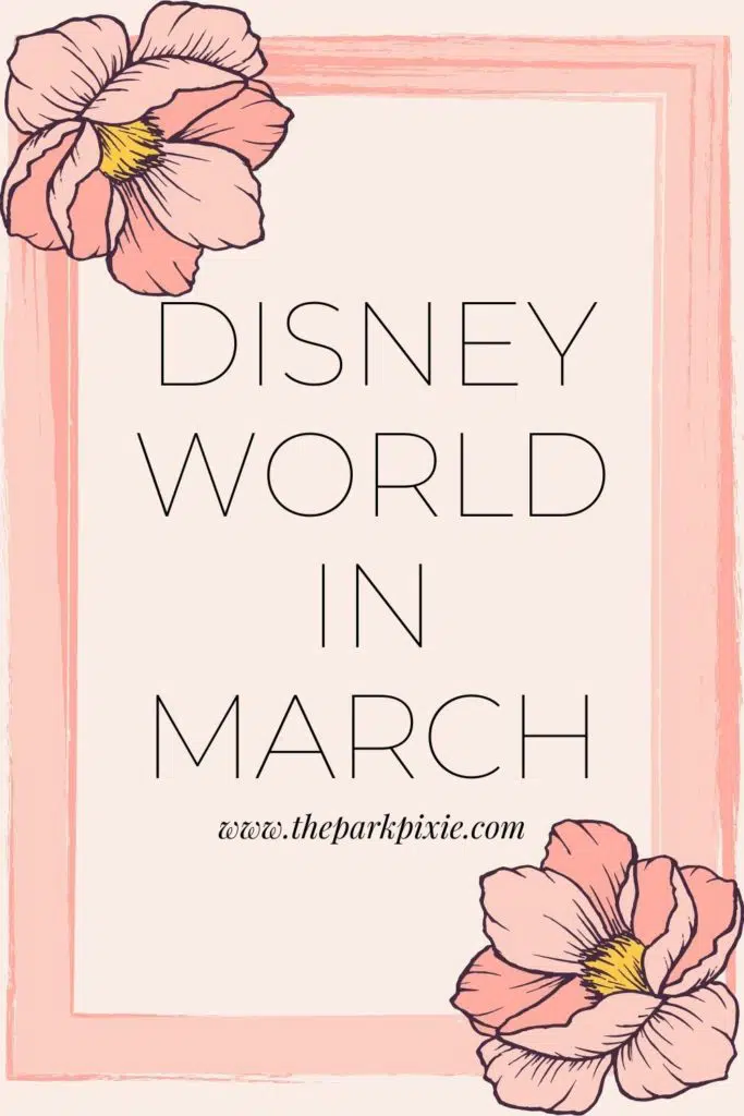Graphic with a pink frame with pink flowers in 2 corners. Text in the middle reads "Disney World in March."