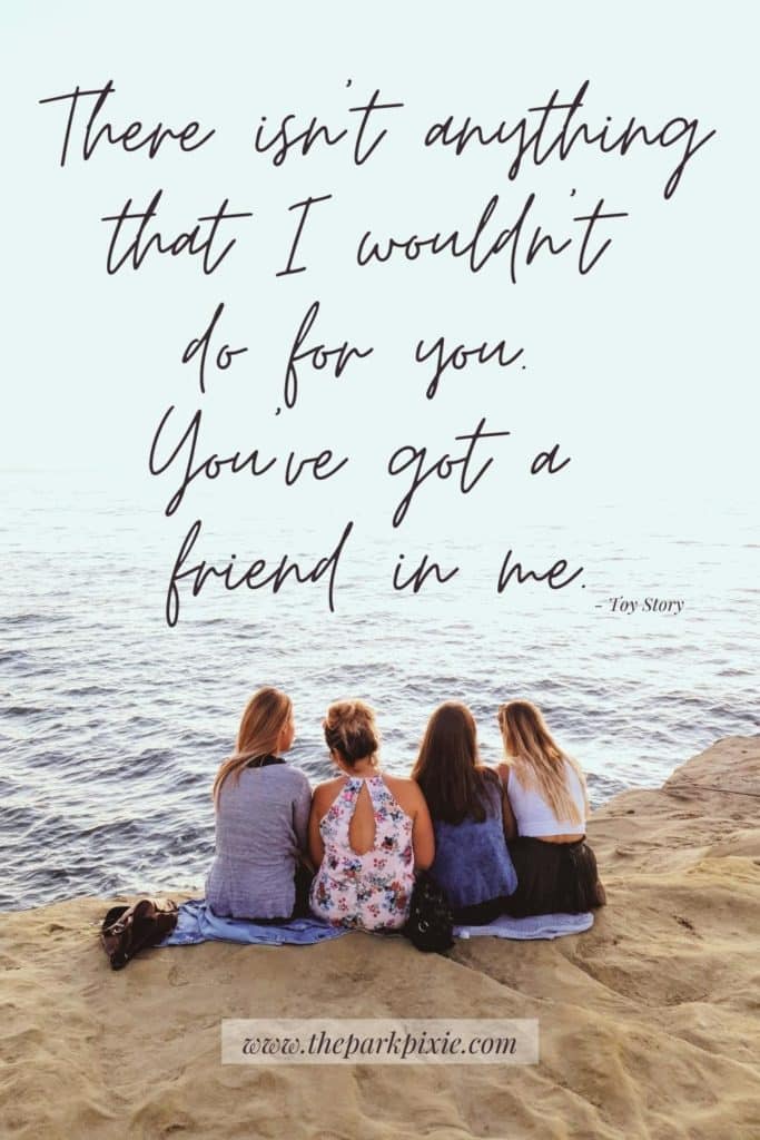 Photo of 4 female friends sitting on a beach. Text above the photo reads "There isn't anything that I wouldn't do for you. You've got a friend in me" from Toy Story.