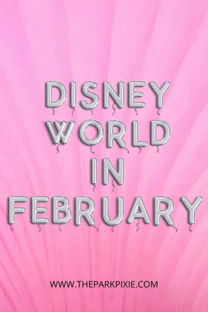 Graphic with a pink background and balloon-shaped letters that say: Disney World in February.
