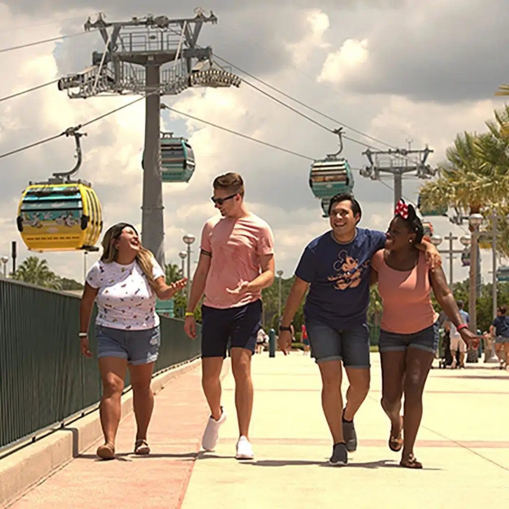 Group of 4 adult friends walking with the Skyliner in the background.