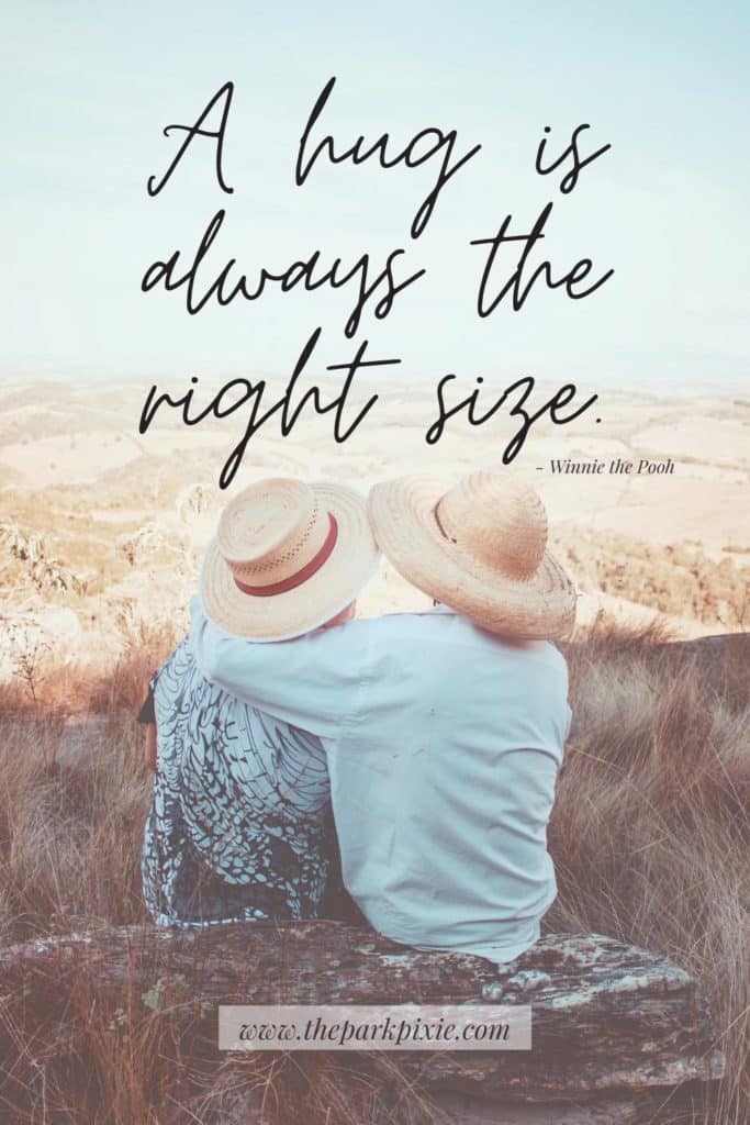 Photo of a couple embracing while looking out over a valley. Text above the photo reads "A hug is always the right size," a quote from Disney's Winnie the Pooh.