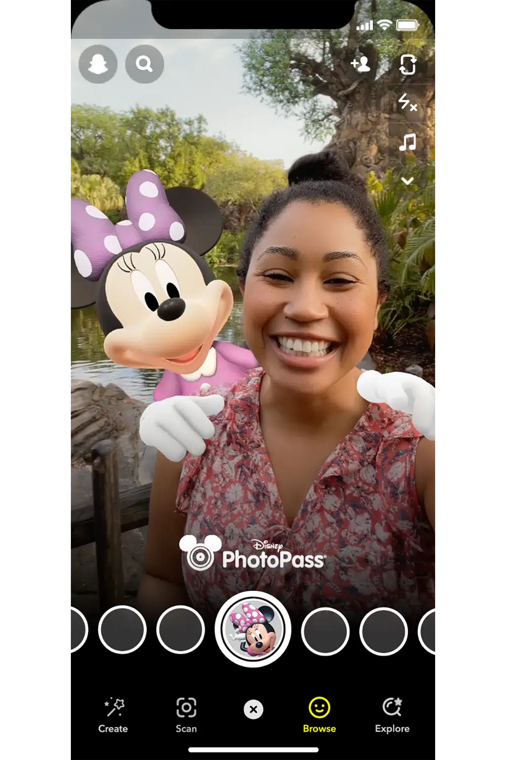 Screenshot of a woman using the Disney x Snap Minnie Mouse filter.