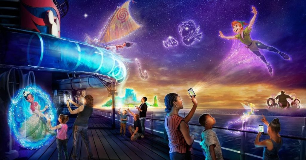 Artist rendering of people on a cruise ship using the Play Disney Parks app Uncharted Adventures experience.