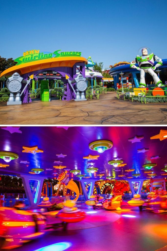 Grid with 2 photos from the Alien Swirling Saucers ride at Toy Story Land at Hollywood Studios.