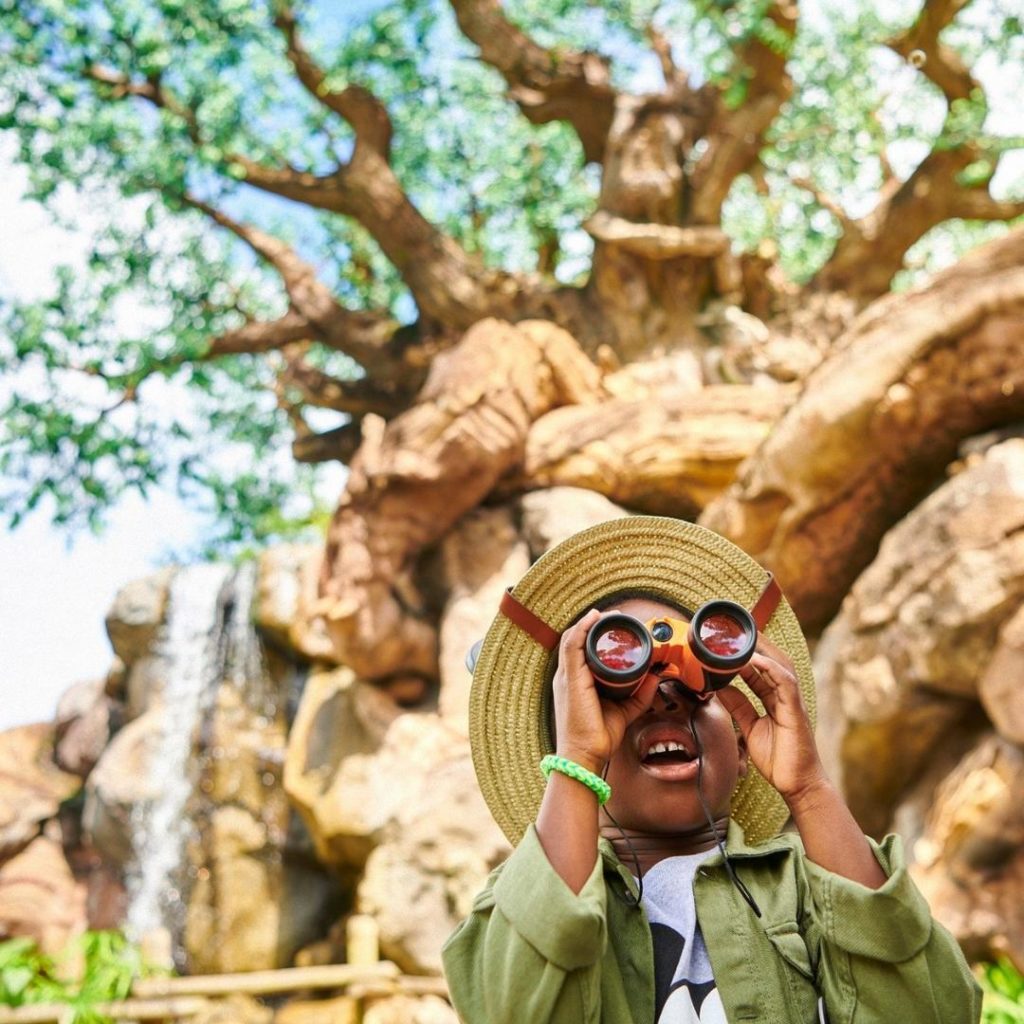 Closeup of a child looking through binoculars with Animal Kingdom's Tree of Life in the background.